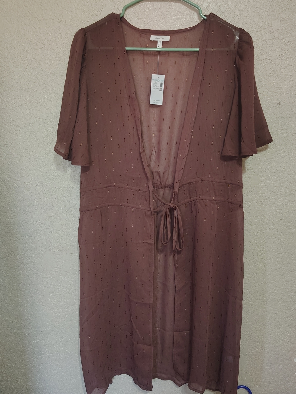Maurices Mauve Sheer Tie-Front Tunic with Subtle Metallic Dots
